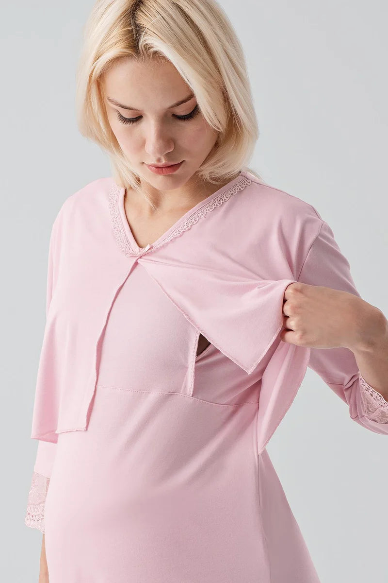 Lace Sleeve 3-Piece Maternity Feeding-Friendly Pajama & Lace Back Robe Set Powder - S19301