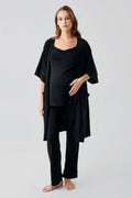 Strappy Stretch Soft 3-Piece Maternity Feeding-Friendly Pajama & Robe Set Black - S19307