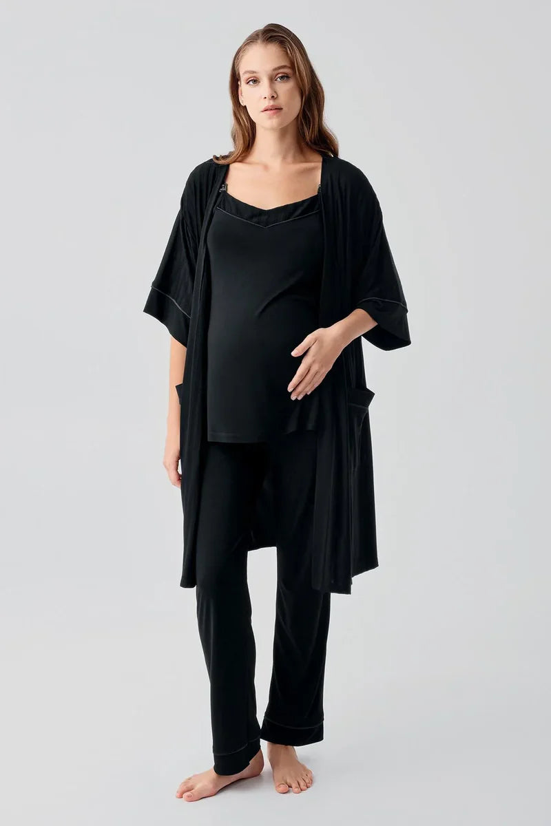 Strappy Stretch Soft 3-Piece Maternity Feeding-Friendly Pajama & Robe Set Black - S19307