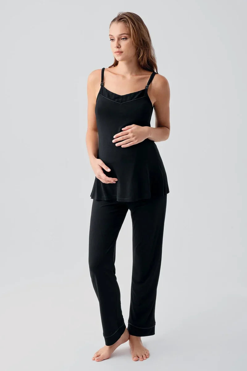 Strappy Stretch Soft 3-Piece Maternity Feeding-Friendly Pajama & Robe Set Black - S19307