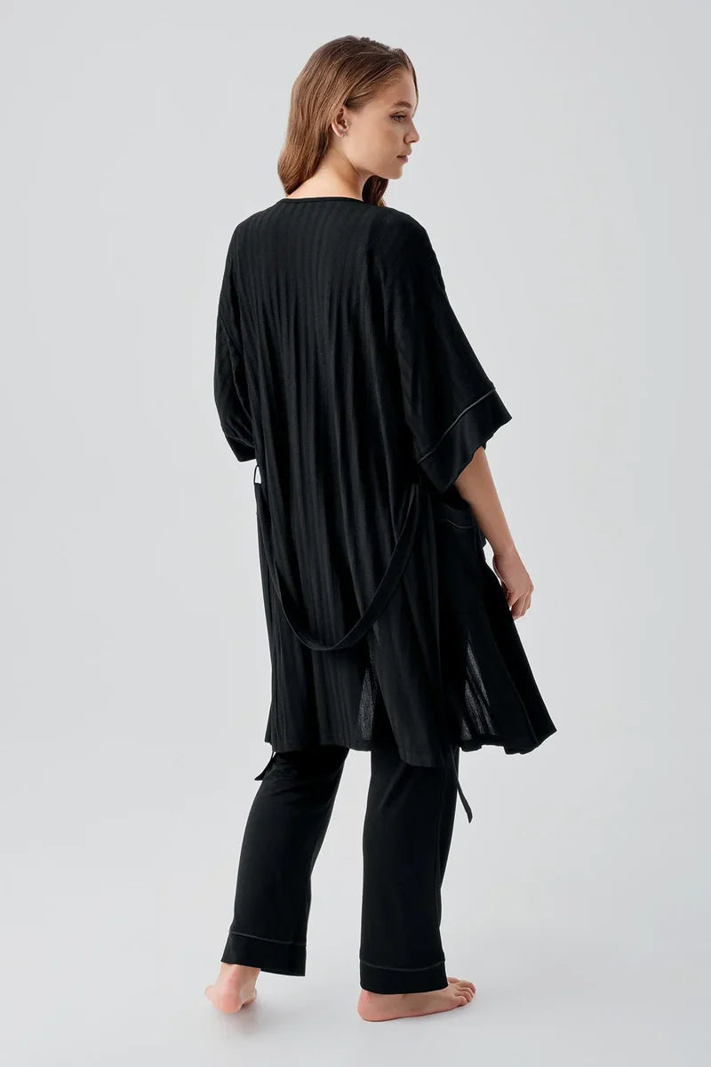 Strappy Stretch Soft 3-Piece Maternity Feeding-Friendly Pajama & Robe Set Black - S19307