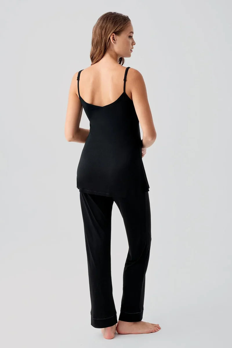 Strappy Stretch Soft 3-Piece Maternity Feeding-Friendly Pajama & Robe Set Black - S19307