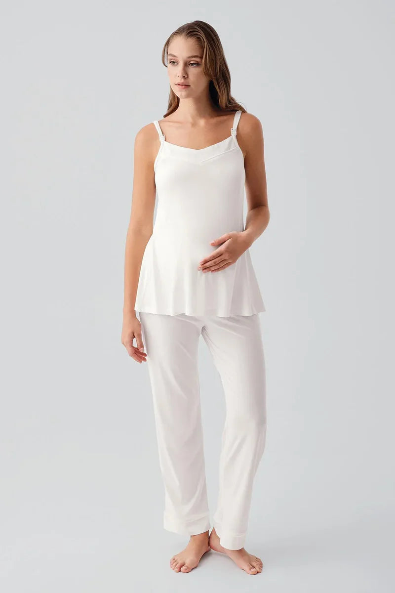 Strappy Stretch Soft 3-Piece Maternity Feeding-Friendly Pajama & Robe Set Ecru - S19307