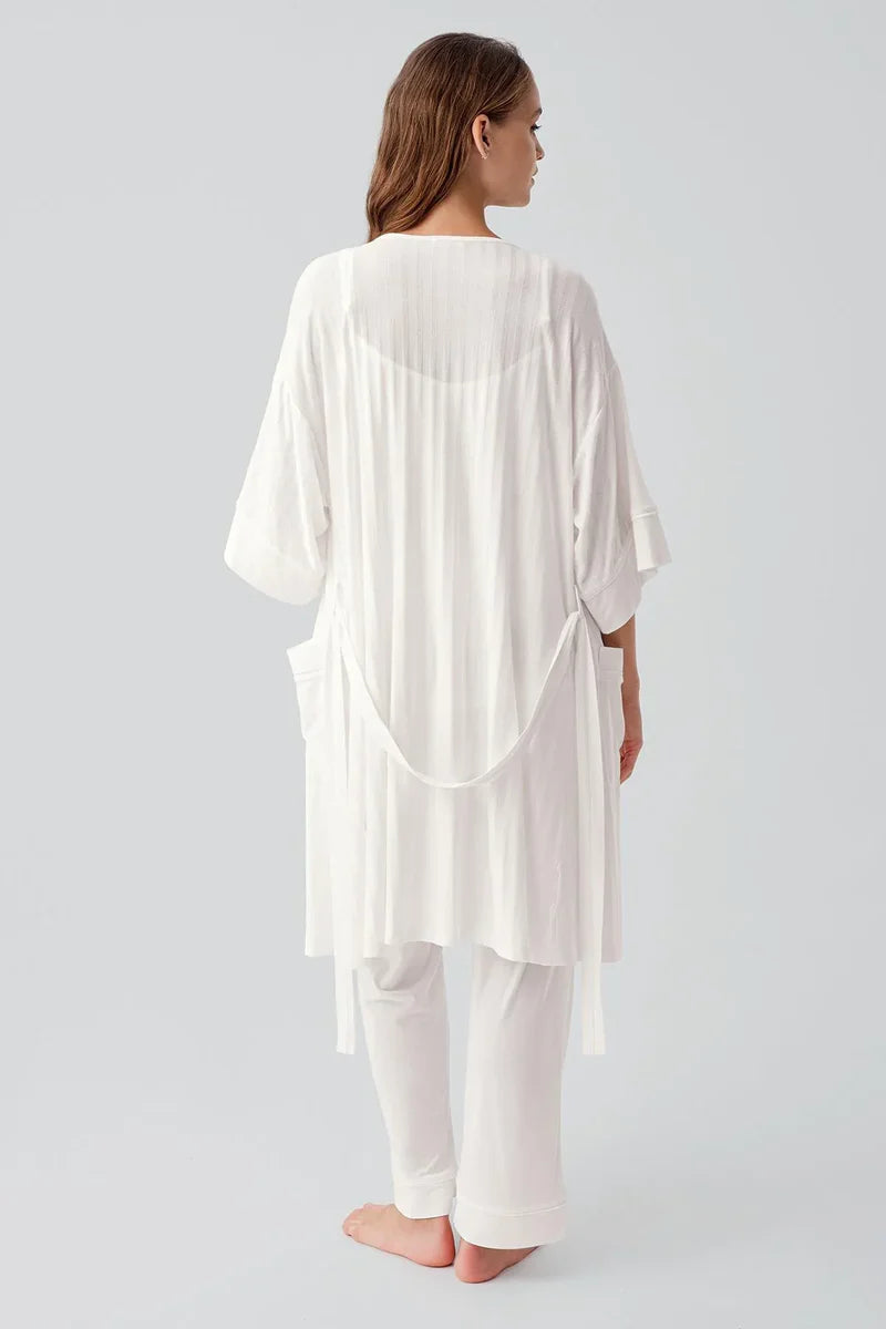 Strappy Stretch Soft 3-Piece Maternity Feeding-Friendly Pajama & Robe Set Ecru - S19307