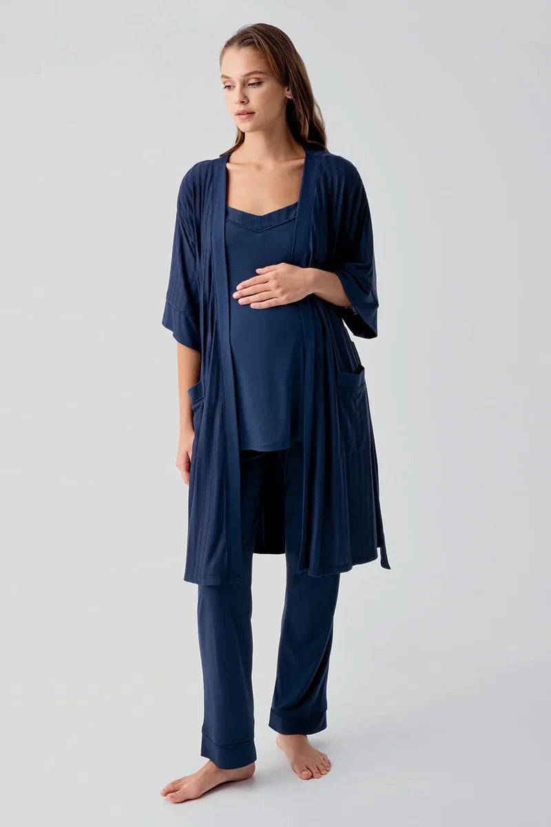 Strappy Stretch Soft 3-Piece Maternity Feeding-Friendly Pajama & Robe Set Navy Blue - S19307