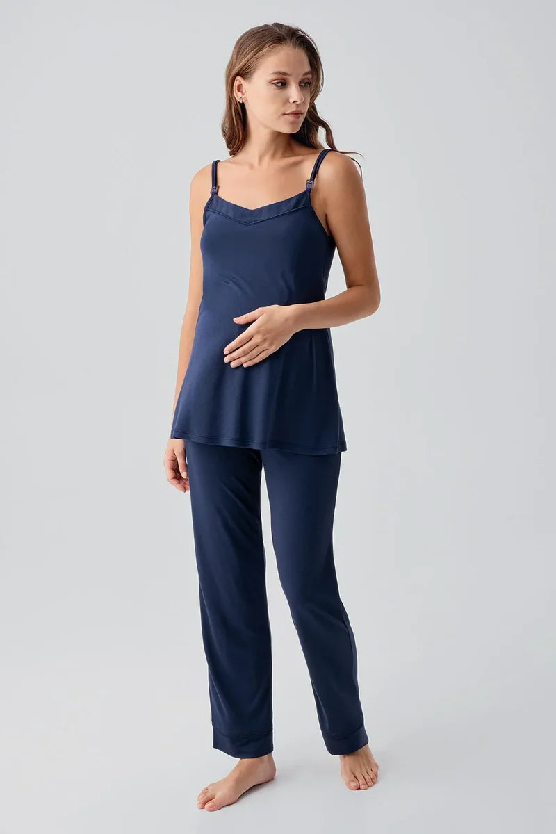Strappy Stretch Soft 3-Piece Maternity Feeding-Friendly Pajama & Robe Set Navy Blue - S19307