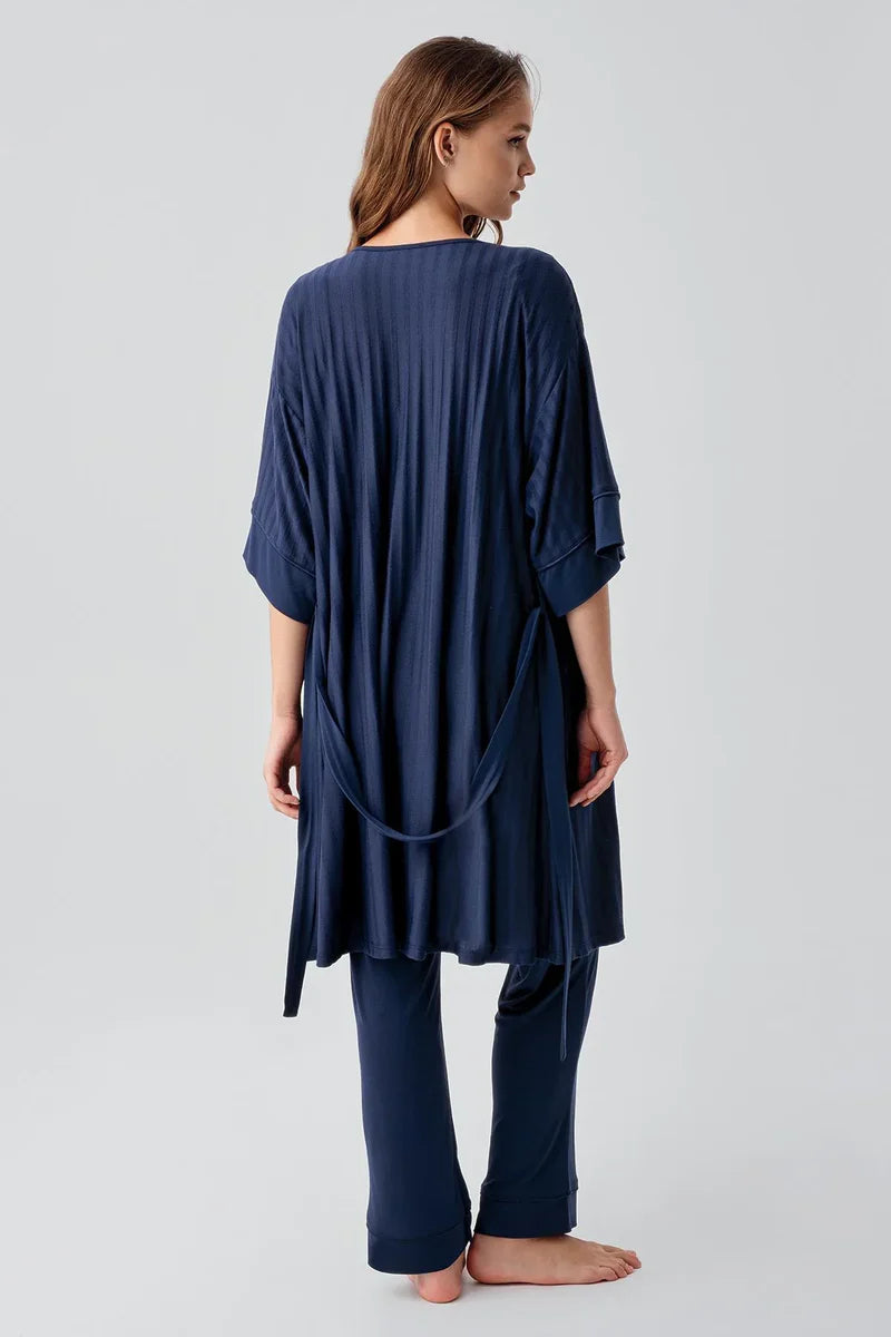 Strappy Stretch Soft 3-Piece Maternity Feeding-Friendly Pajama & Robe Set Navy Blue - S19307
