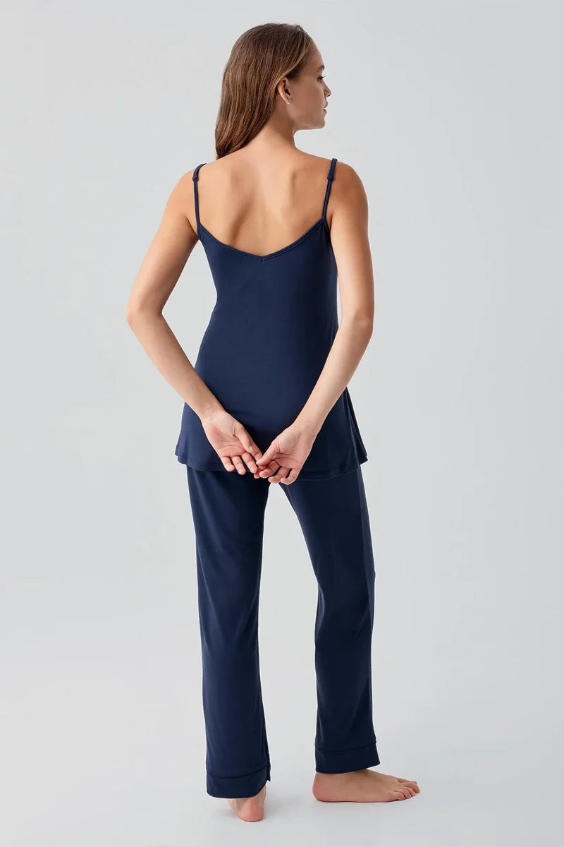 Strappy Stretch Soft 3-Piece Maternity Feeding-Friendly Pajama & Robe Set Navy Blue - S19307