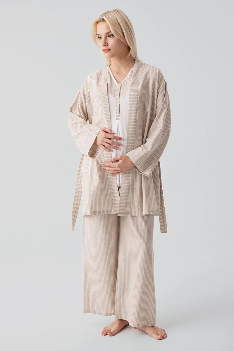 Striped Woven Cotton 4-Piece Maternity Feeding-Friendly Set Beige - S308108