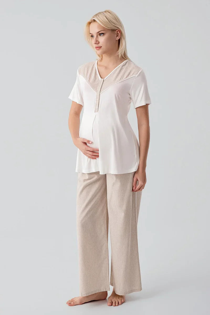 Striped Woven Cotton 4-Piece Maternity Feeding-Friendly Set Beige - S308108