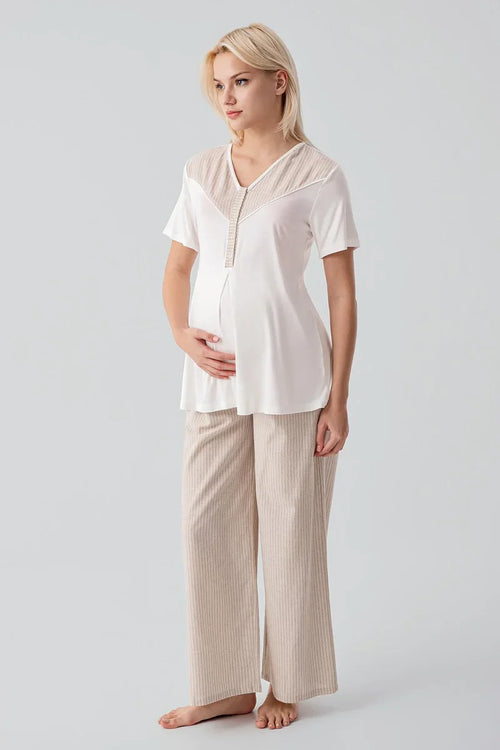 Striped Woven Cotton 4-Piece Maternity Feeding-Friendly Set Beige - S308108
