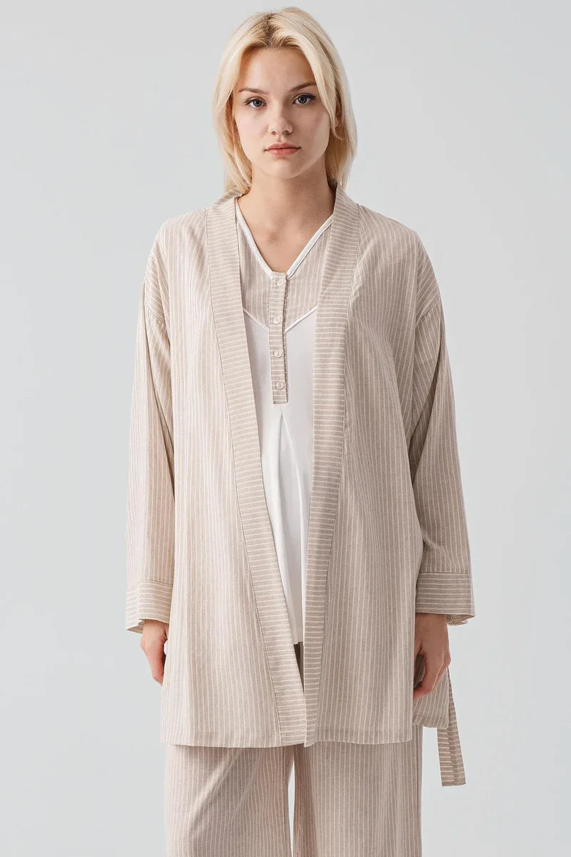 Striped Woven Cotton 3-Piece Maternity Feeding-Friendly Pajama & Robe Set Beige - S19308