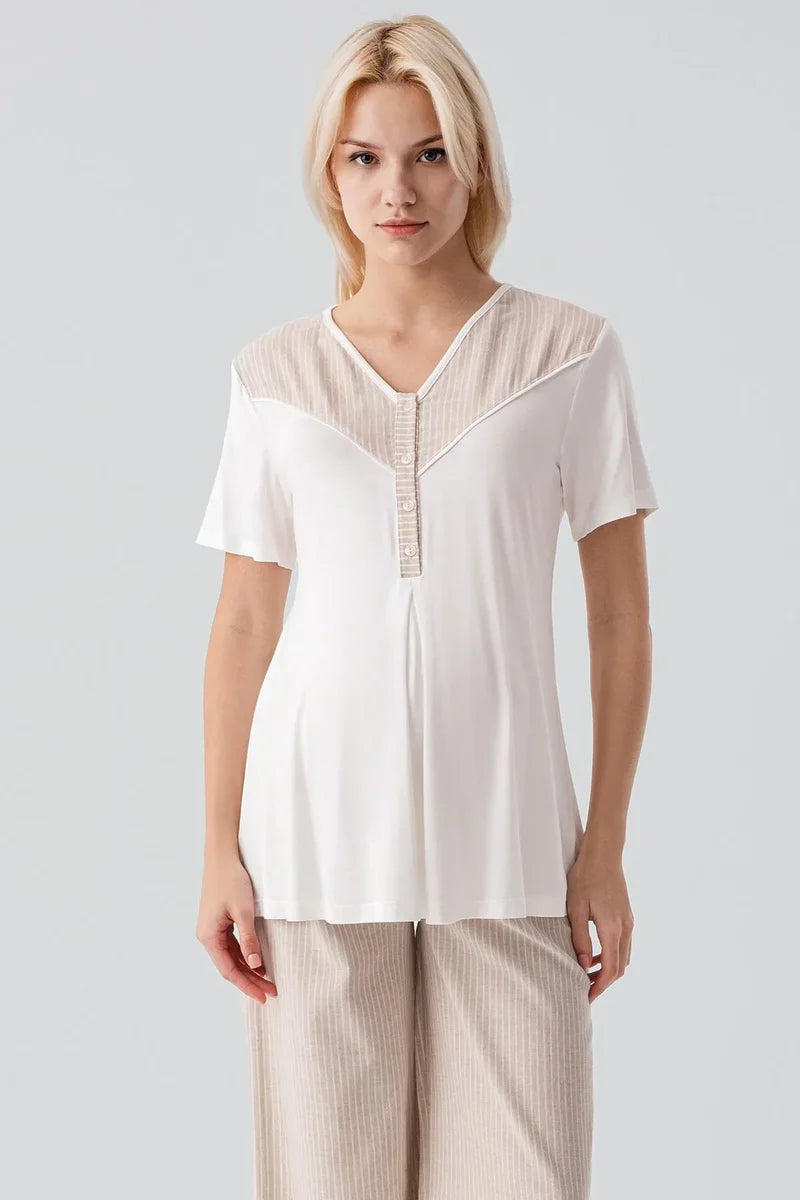 Striped Woven Cotton 3-Piece Maternity Feeding-Friendly Pajama & Robe Set Beige - S19308