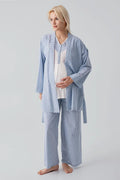 Striped Woven Cotton 3-Piece Maternity Feeding-Friendly Pajama & Robe Set Blue - S19308
