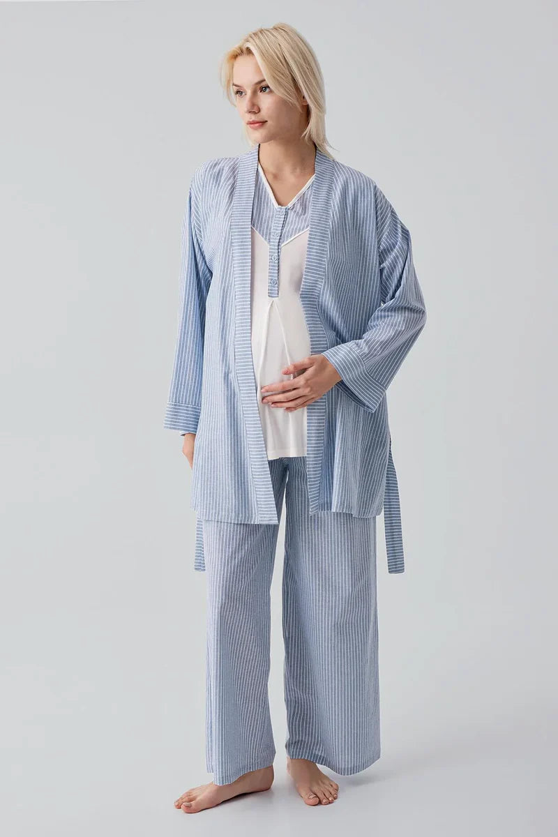 Striped Woven Cotton 4-Piece Maternity Feeding-Friendly Set Blue - S308108