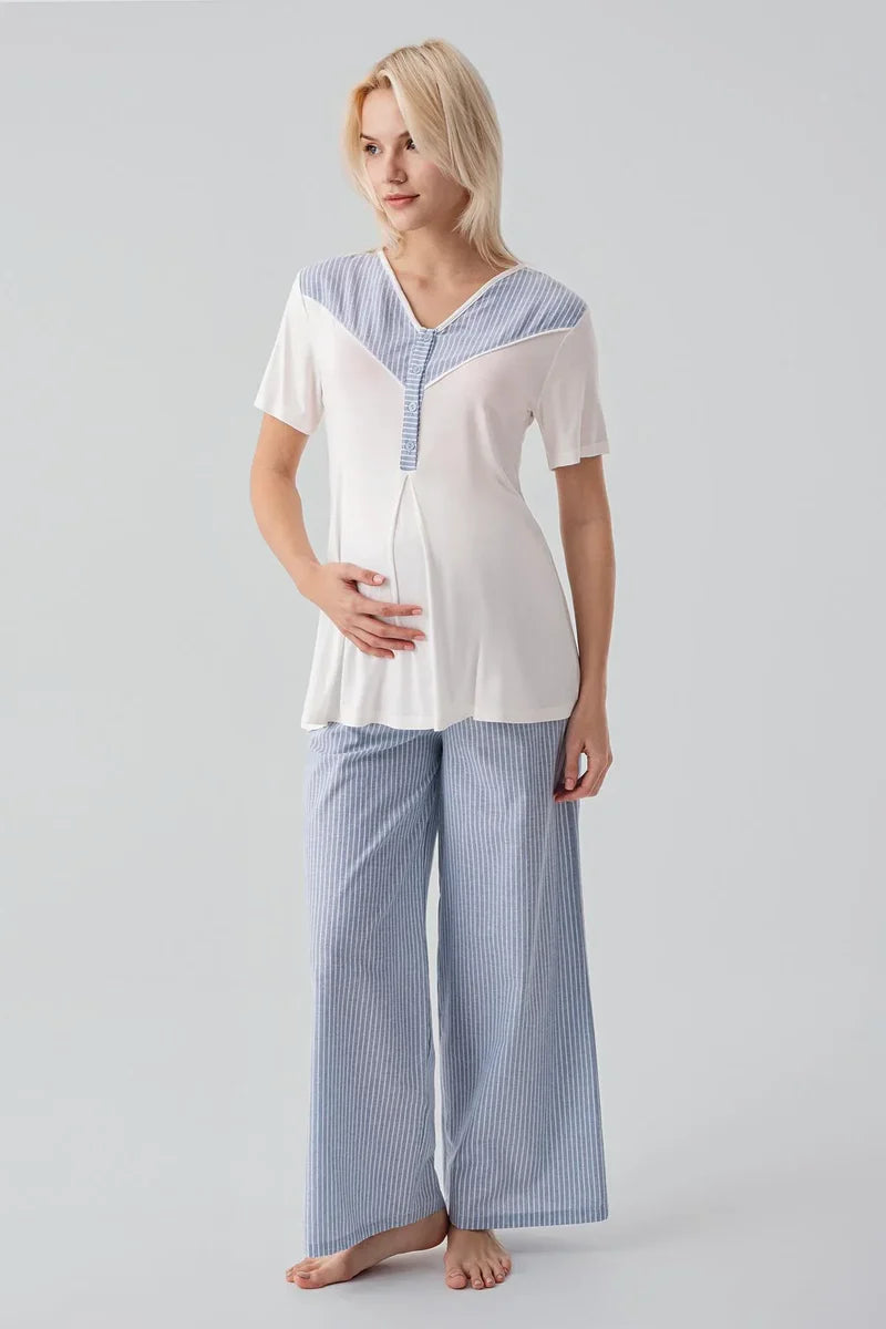 Striped Woven Cotton 4-Piece Maternity Feeding-Friendly Set Blue - S308108