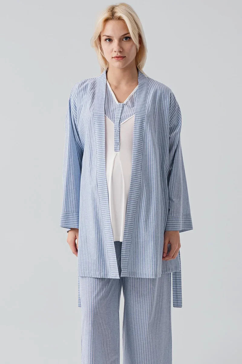 Striped Woven Cotton 3-Piece Maternity Feeding-Friendly Pajama & Robe Set Blue - S19308