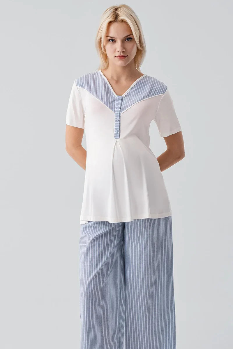 Striped Woven Cotton 3-Piece Maternity Feeding-Friendly Pajama & Robe Set Blue - S19308