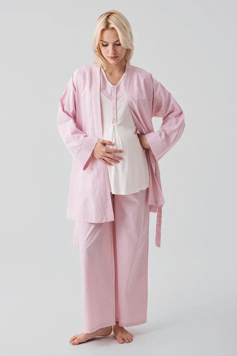 Striped Woven Cotton 4-Piece Maternity Feeding-Friendly Set Pink - S308108
