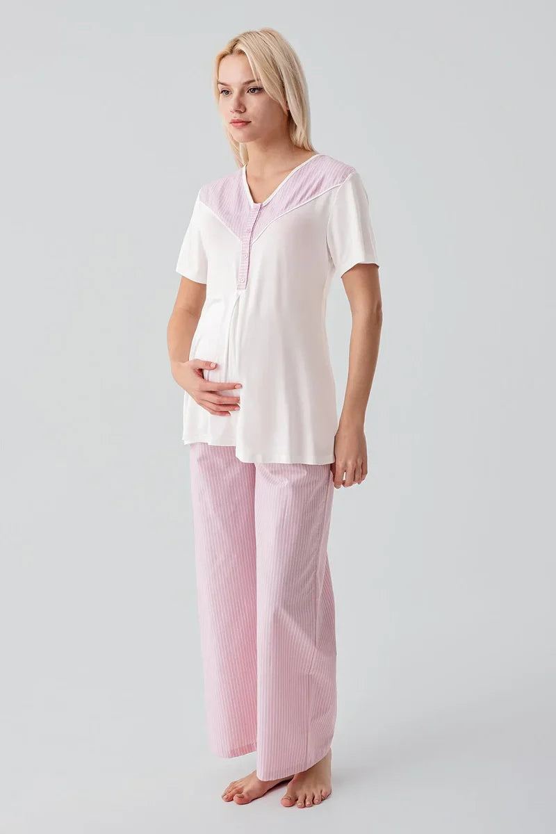 Striped Woven Cotton 4-Piece Maternity Feeding-Friendly Set Pink - S308108