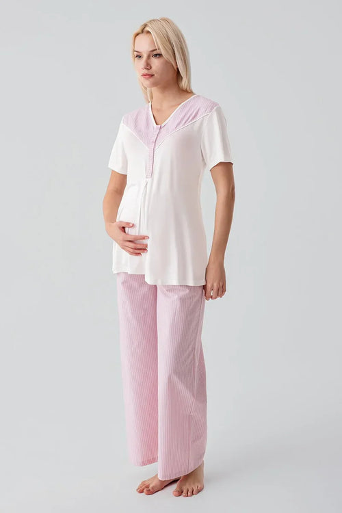 Striped Woven Cotton 4-Piece Maternity Feeding-Friendly Set Pink - S308108