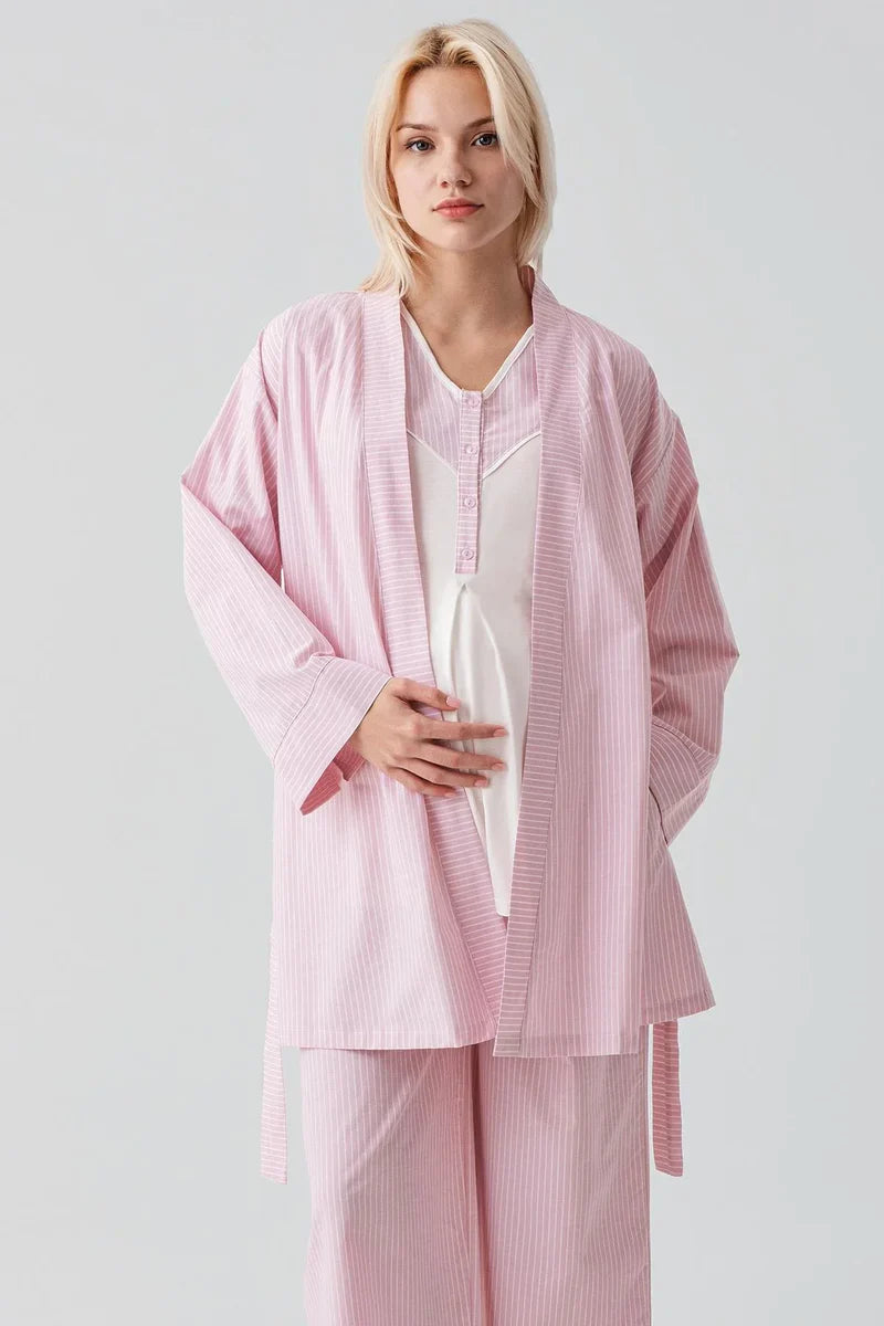 Striped Woven Cotton 3-Piece Maternity Feeding-Friendly Pajama & Robe Set Pink - S19308