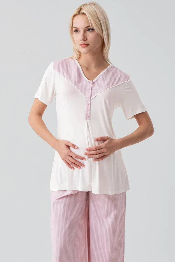Striped Woven Cotton 3-Piece Maternity Feeding-Friendly Pajama & Robe Set Pink - S19308