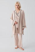 Piped Wrap 3-Piece Maternity Feeding-Friendly Pajama & Robe Set Beige - S19317