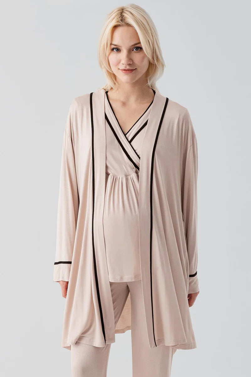 Piped Wrap 3-Piece Maternity Feeding-Friendly Pajama & Robe Set Beige - S19317