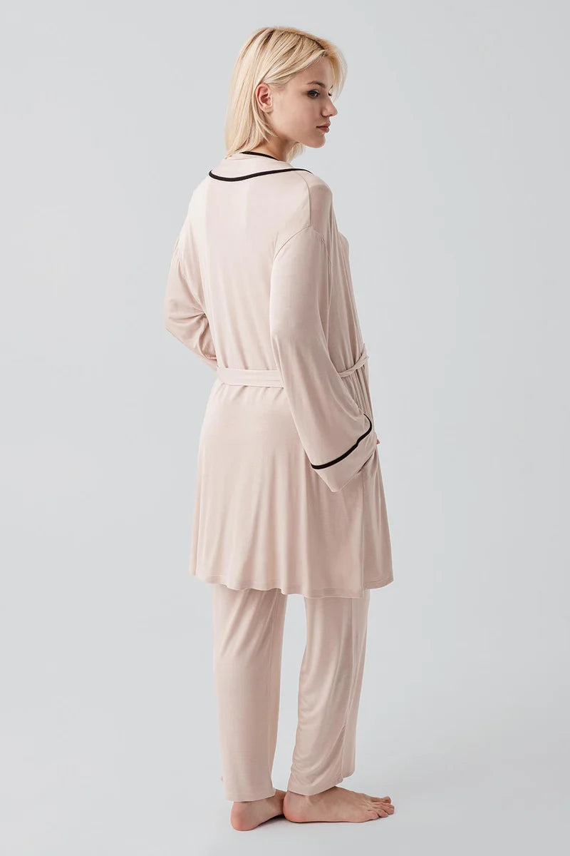 Piped Wrap 3-Piece Maternity Feeding-Friendly Pajama & Robe Set Beige - S19317