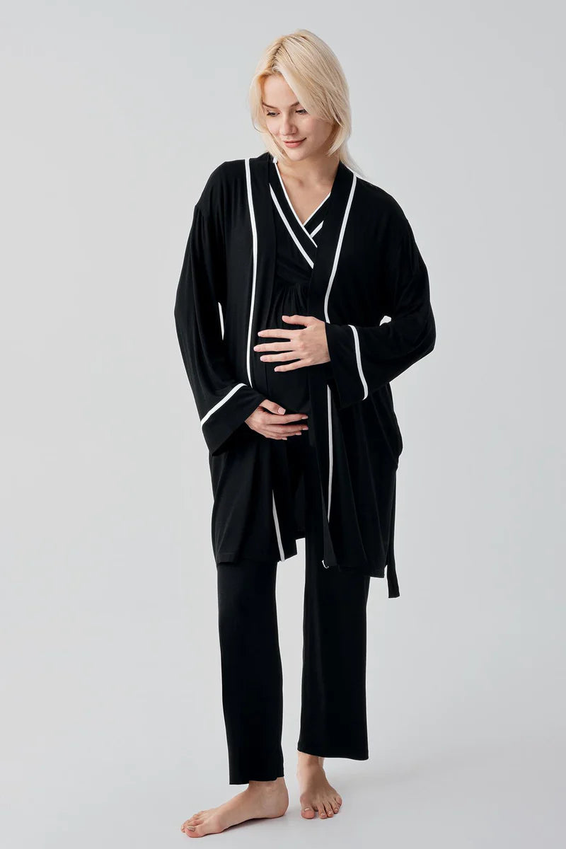 Piped Wrap 3-Piece Maternity Feeding-Friendly Pajama & Robe Set Black - S19317