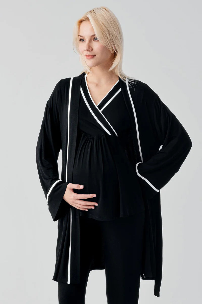 Piped Wrap 3-Piece Maternity Feeding-Friendly Pajama & Robe Set Black - S19317