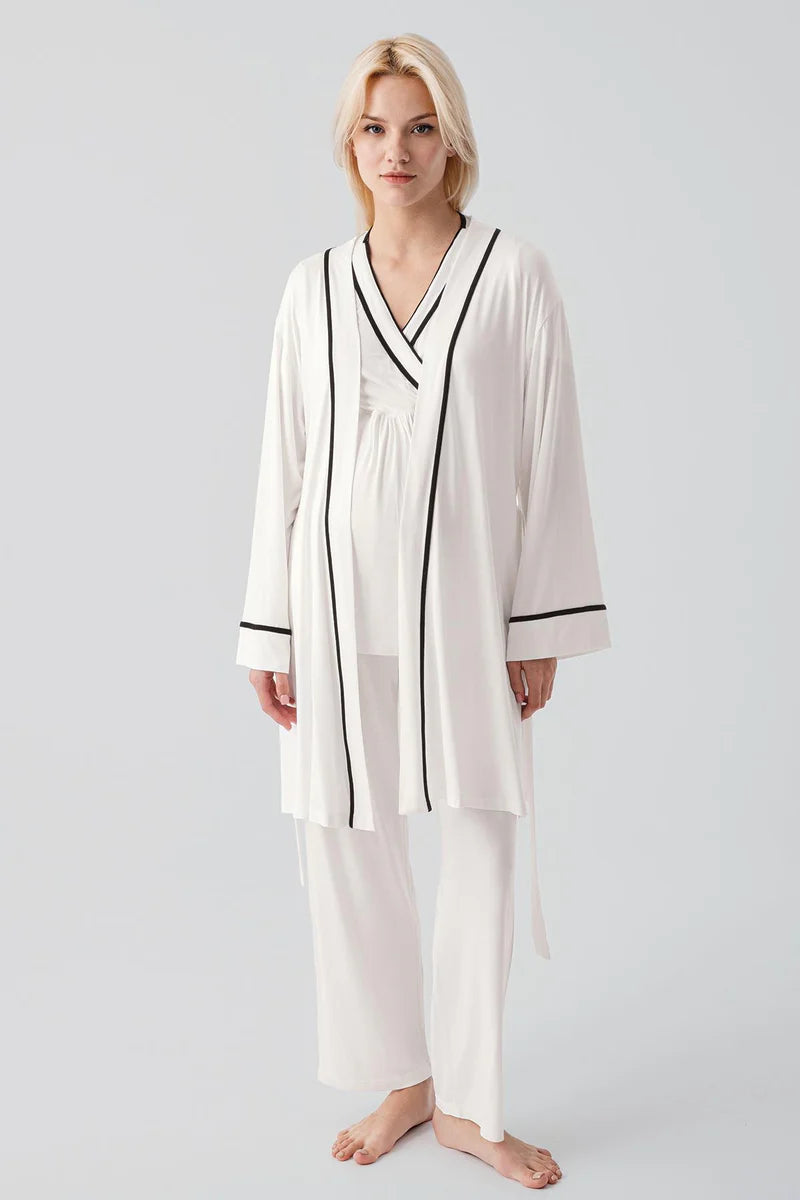 Piped Wrap 3-Piece Maternity Feeding-Friendly Pajama & Robe Set Ecru - S19317