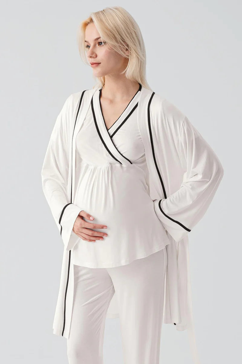 Piped Wrap 3-Piece Maternity Feeding-Friendly Pajama & Robe Set Ecru - S19317
