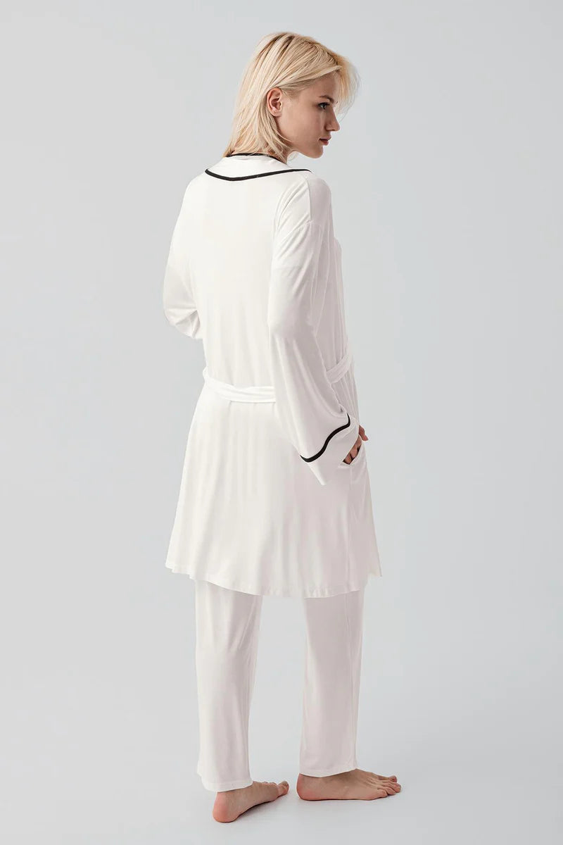 Piped Wrap 3-Piece Maternity Feeding-Friendly Pajama & Robe Set Ecru - S19317