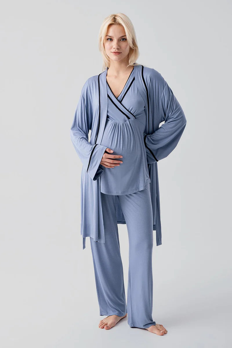 Piped Wrap 3-Piece Maternity Feeding-Friendly Pajama & Robe Set Indigo - S19317