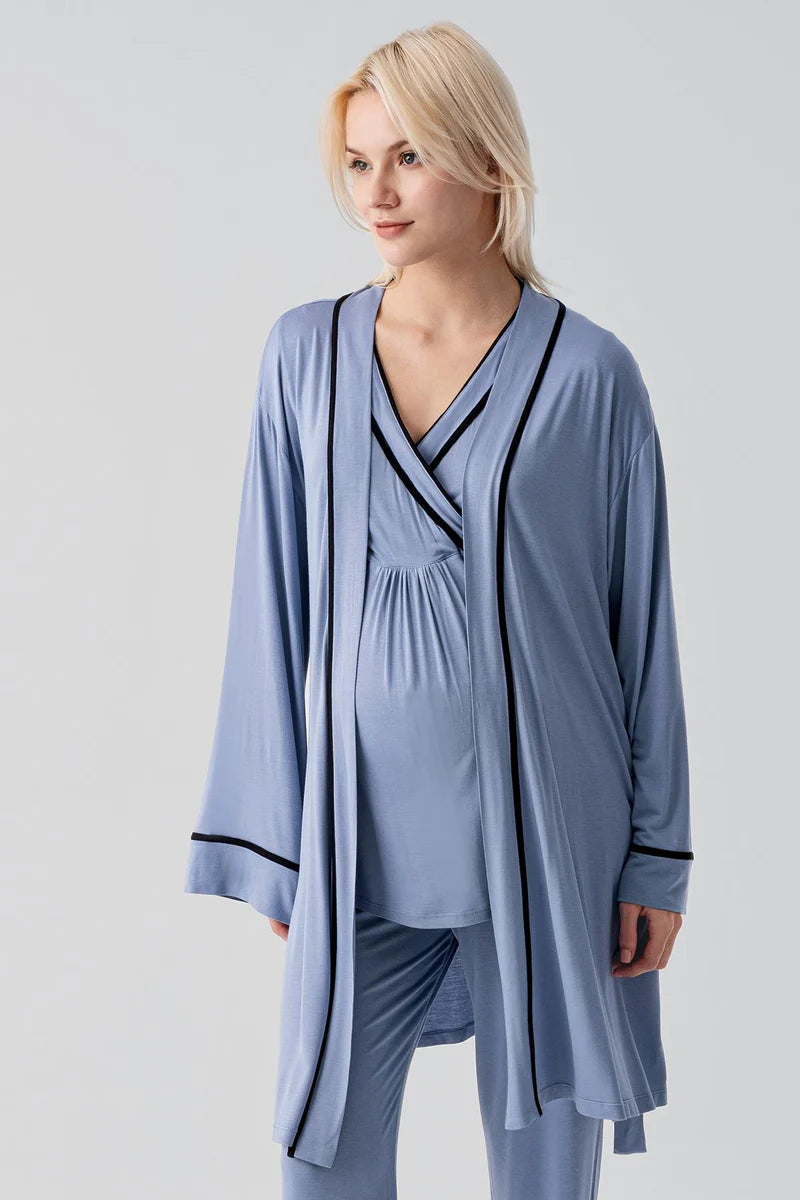 Piped Wrap 3-Piece Maternity Feeding-Friendly Pajama & Robe Set Indigo - S19317