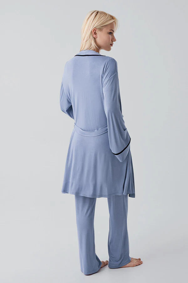 Piped Wrap 3-Piece Maternity Feeding-Friendly Pajama & Robe Set Indigo - S19317