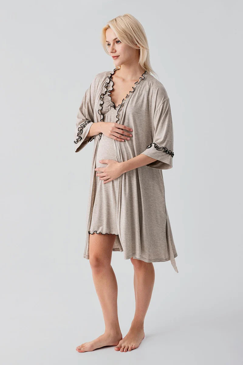 Pleated Piped Strappy Maternity Feeding-Friendly Nightgown & Robe Set Beige - S19400