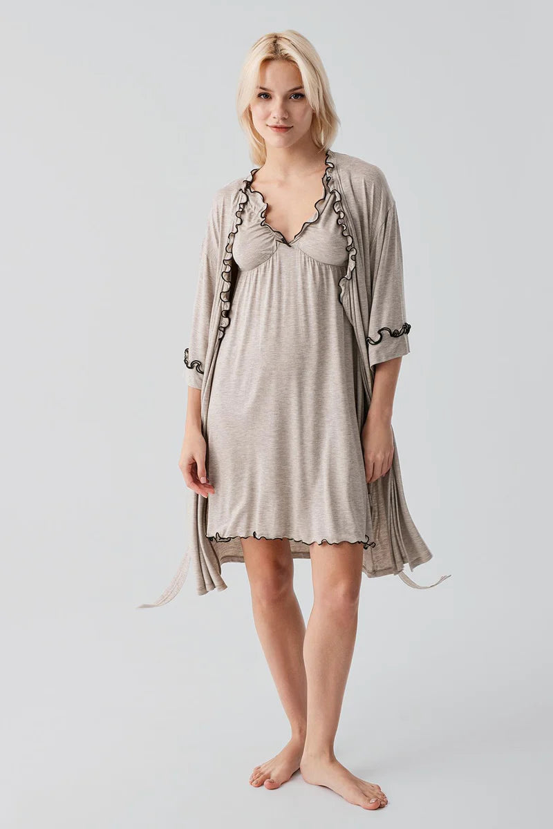 Pleated Piped Strappy Maternity Feeding-Friendly Nightgown & Robe Set Beige - S19400