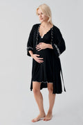 Pleated Piped Strappy Maternity Feeding-Friendly Nightgown & Robe Set Black - S19400