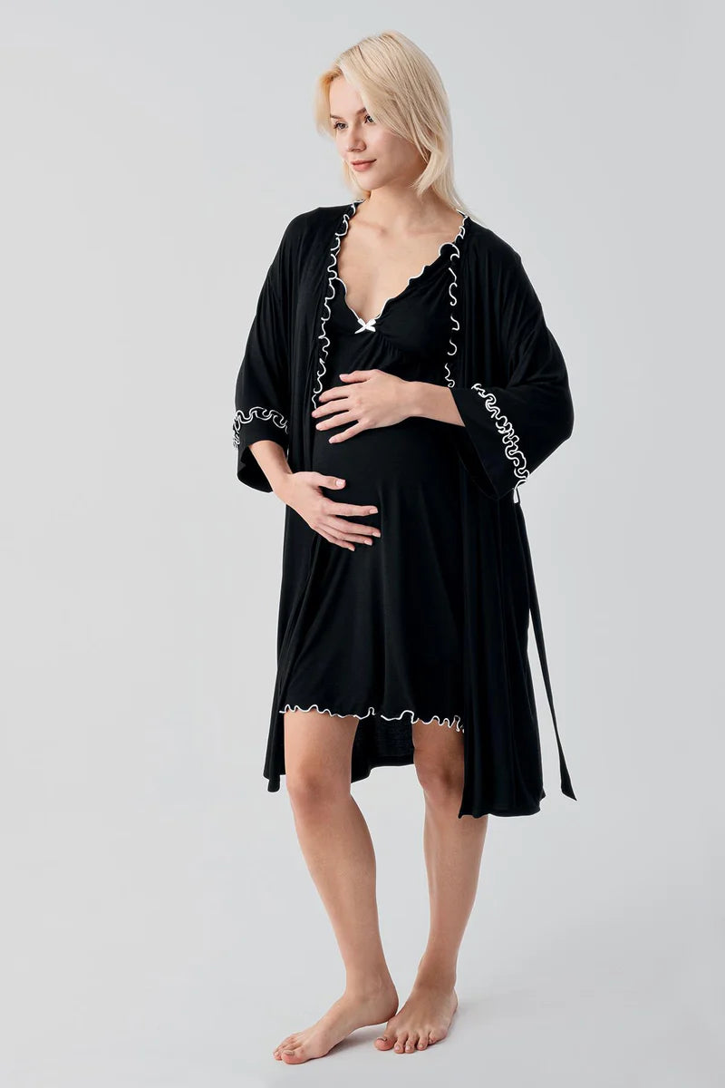 Pleated Piped Strappy Maternity Feeding-Friendly Nightgown & Robe Set Black - S19400