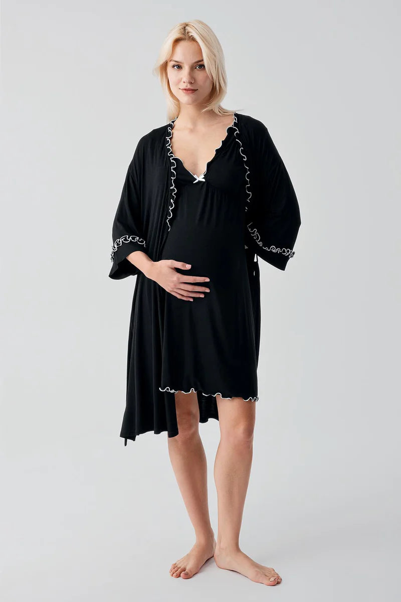 Pleated Piped Strappy Maternity Feeding-Friendly Nightgown & Robe Set Black - S19400
