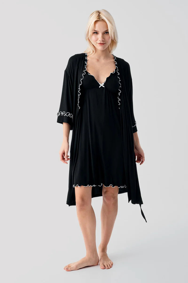 Pleated Piped Strappy Maternity Feeding-Friendly Nightgown & Robe Set Black - S19400