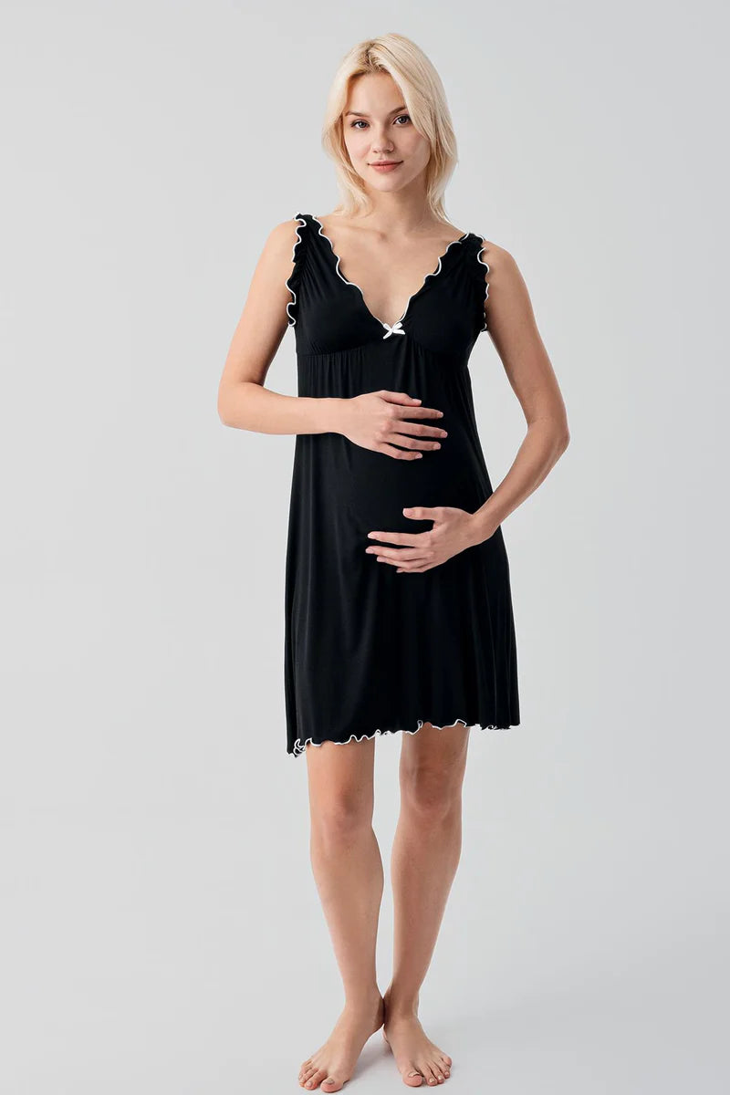 Pleated Piped Strappy Maternity Feeding-Friendly Nightgown & Robe Set Black - S19400