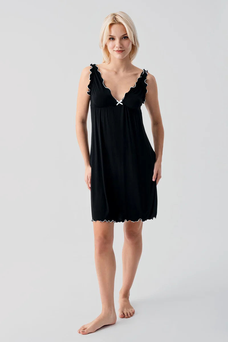 Pleated Piped Strappy Maternity Feeding-Friendly Nightgown & Robe Set Black - S19400