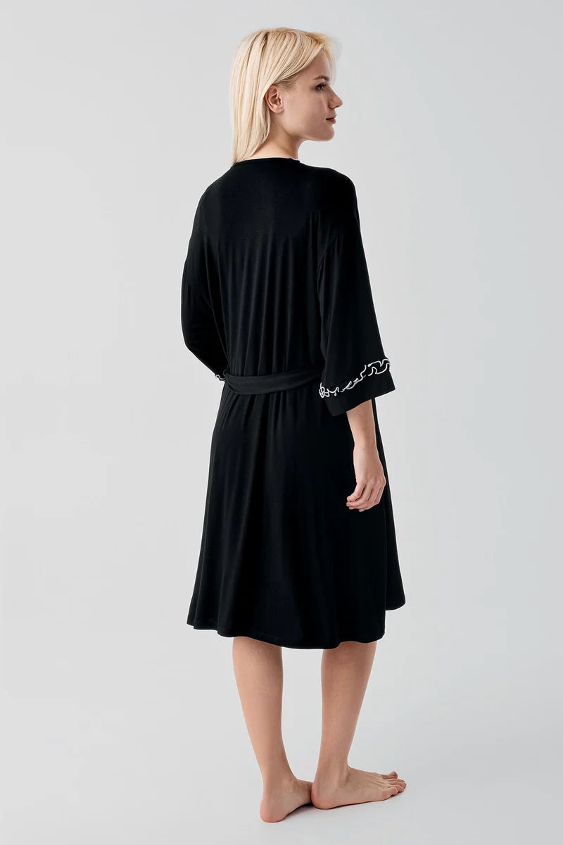 Pleated Piped Strappy Maternity Feeding-Friendly Nightgown & Robe Set Black - S19400