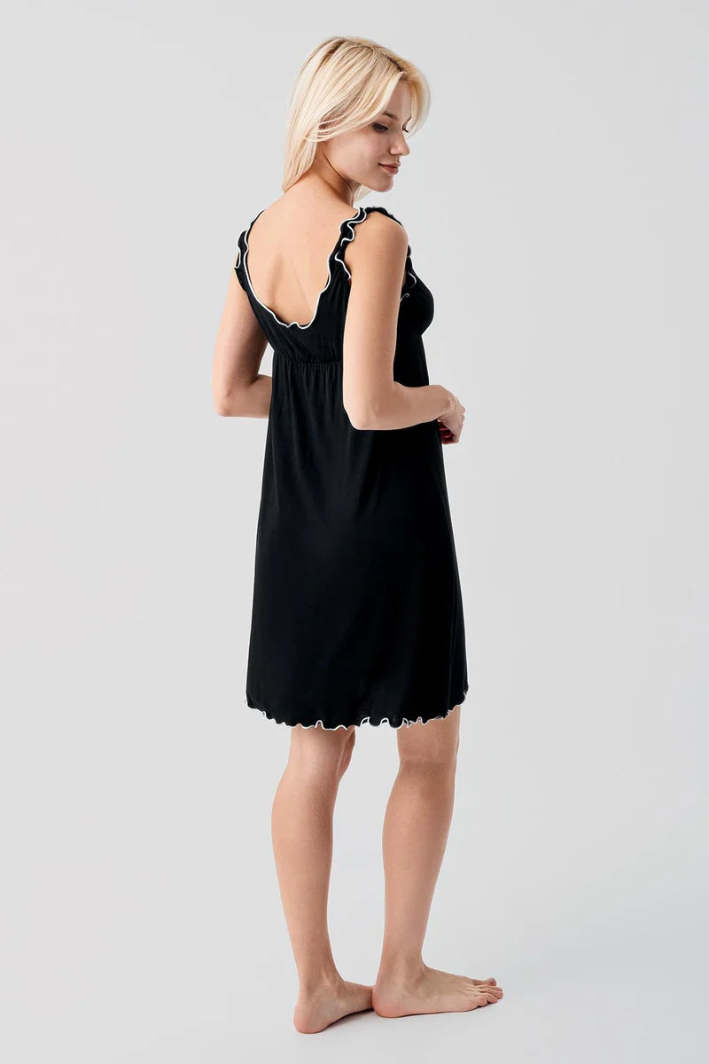Pleated Piped Strappy Maternity Feeding-Friendly Nightgown & Robe Set Black - S19400