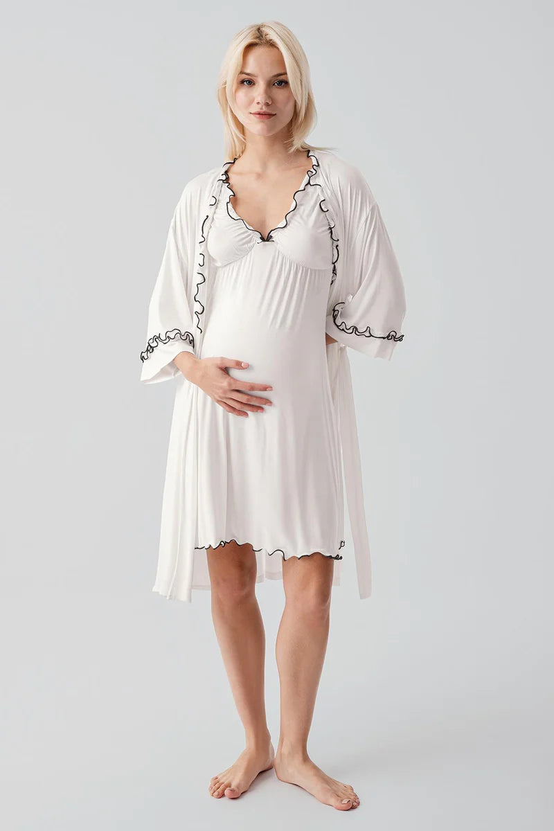 Pleated Piped Strappy Maternity Feeding-Friendly Nightgown & Robe Set Ecru - S19400
