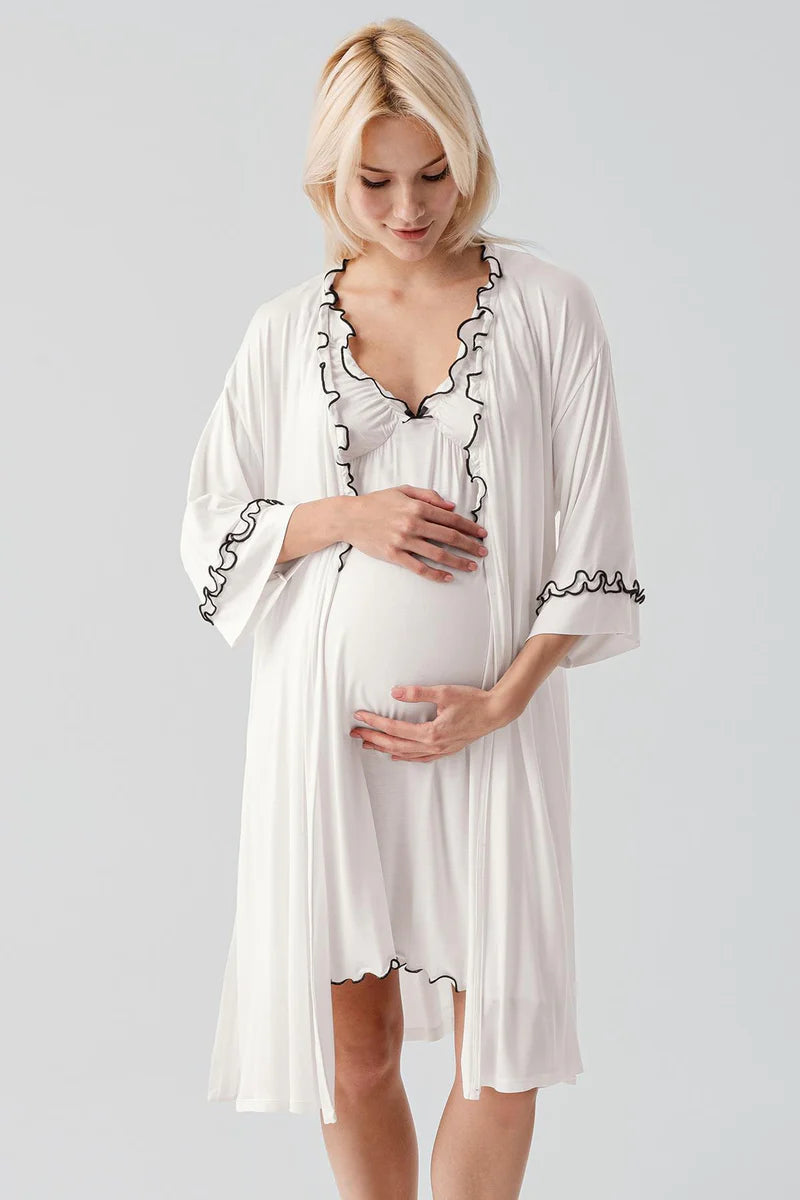 Pleated Piped Strappy Maternity Feeding-Friendly Nightgown & Robe Set Ecru - S19400